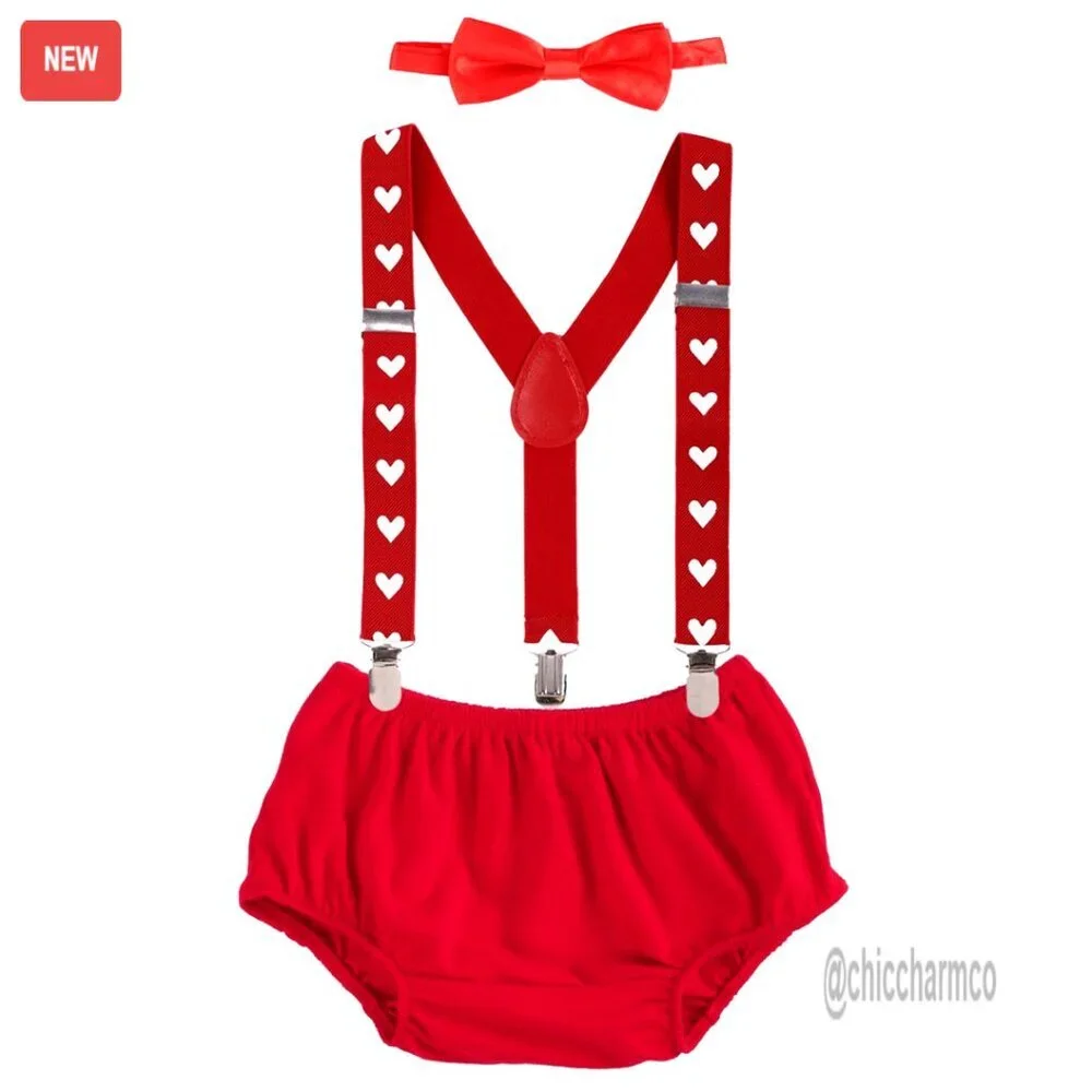 Baby Boy Cake Smash Outfit Bloomers Suspenders Bowtie Set 3-24M